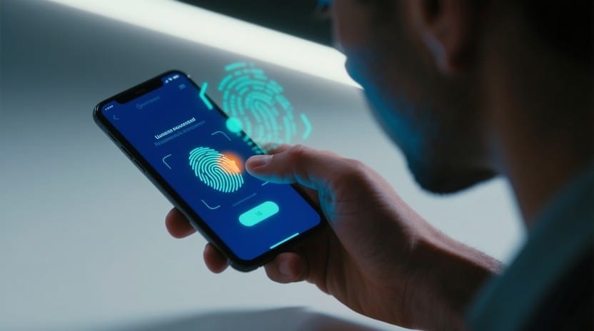 A smartphone screen showing a fingerprint authentication prompt with a glowing blue security interface.