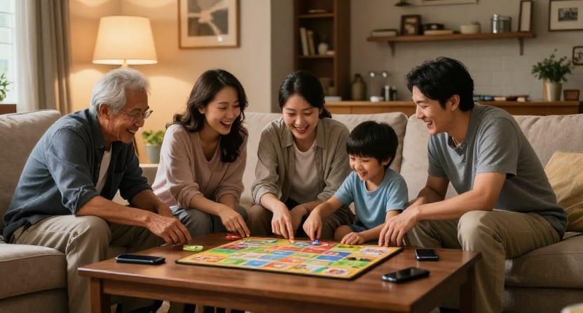 Three generations of a family laugh over a board game in a cosy living room, their phones set aside.