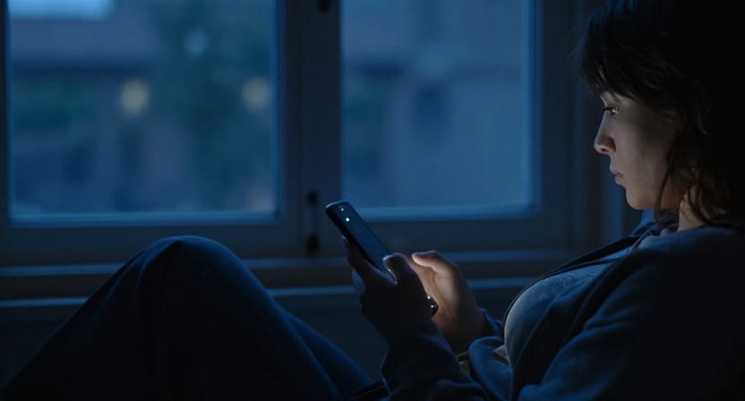 A person relaxes by a window at night, softly lit by the glow of their phone.