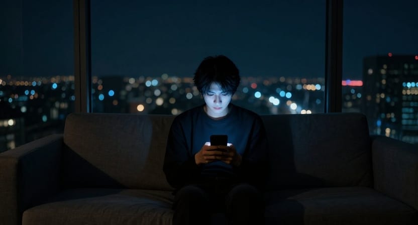 A person alone on a sofa at night, lit by the blue glow of a phone, with city lights through the window.