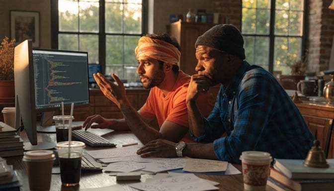 Two engineers reviewing architecture notes together on a laptop and whiteboard during a product planning session.