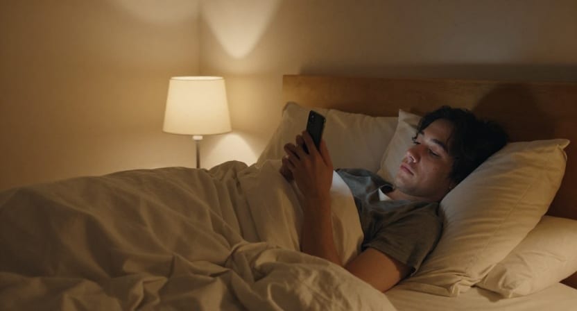 A person relaxing in bed in the evening under a warm lamp, calmly looking at their phone.