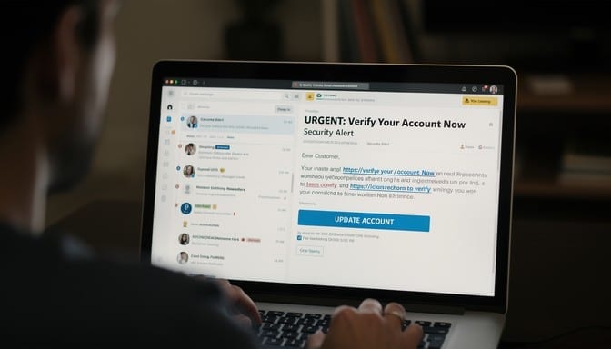 A phishing email sitting in an inbox with a suspicious link highlighted in the message.