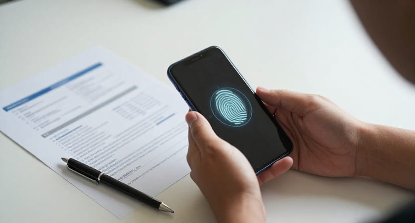 Hands holding a phone showing a fingerprint prompt beside a printed sheet of backup codes and a pen.