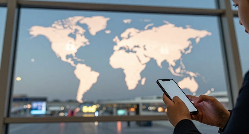 A traveller holds a smartphone at an airport window with a glowing world map in the glass.