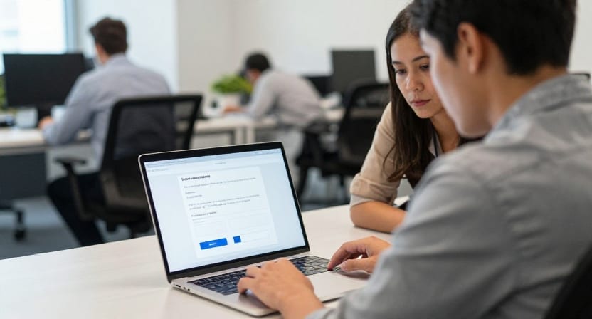 Two coworkers in an office review an online harassment report on a laptop.