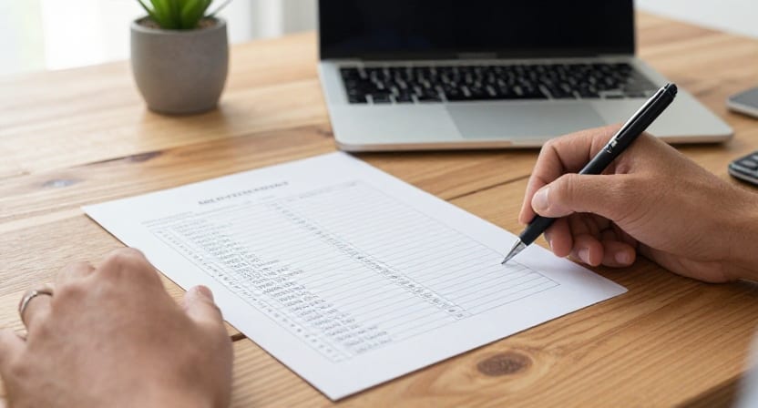 A hand filling in a paper checklist on a wooden desk beside a laptop and a small plant.