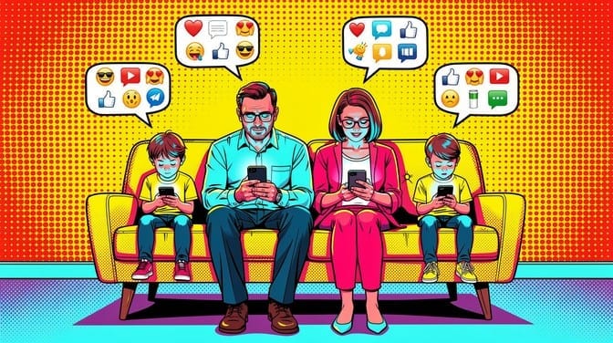 An illustration of parents and children sitting together, each absorbed in a separate phone screen.