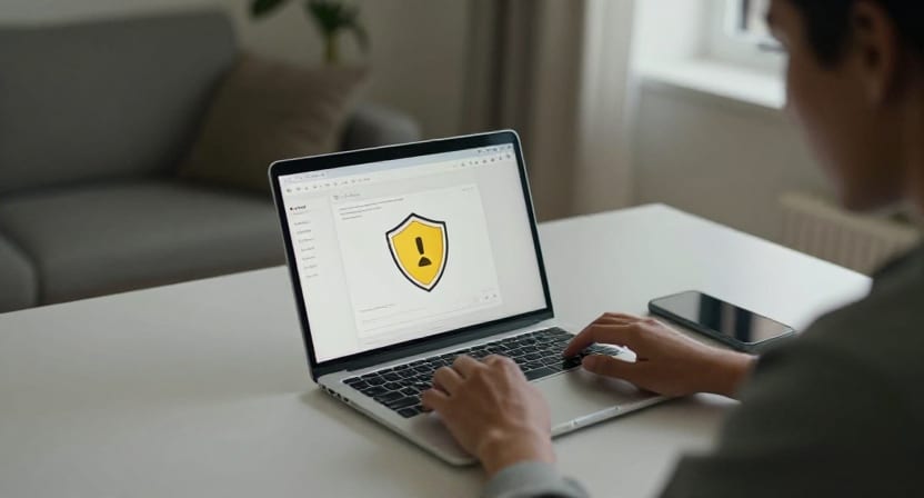 A person at a home desk reviews an email inbox on a laptop showing a yellow warning shield.