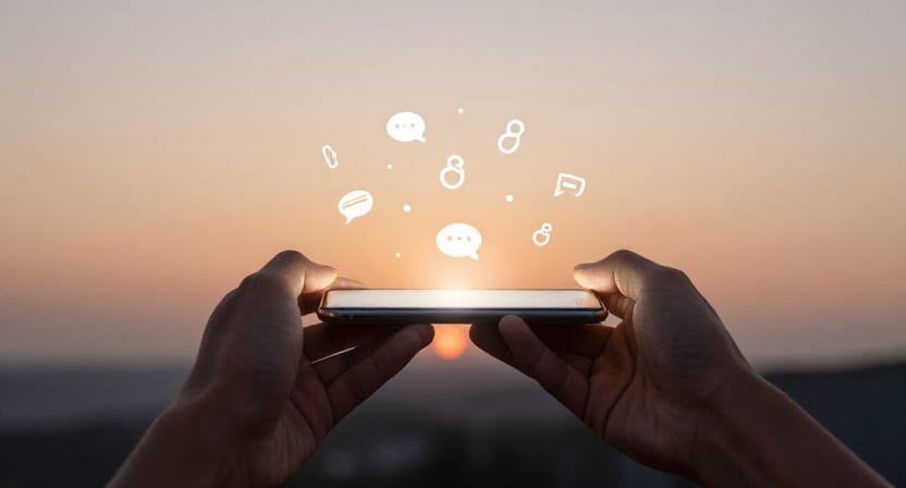 Hands hold a glowing smartphone at dusk as small link and chat icons float upward.