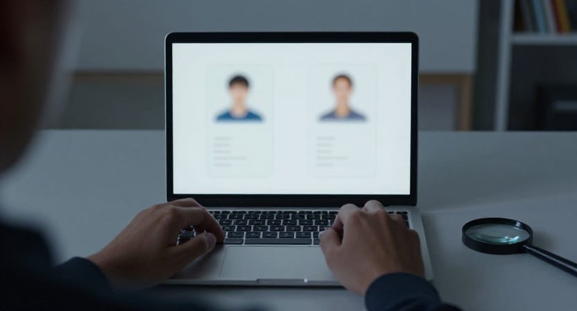 A person at a laptop compares two nearly identical profile cards, with a magnifying glass on the desk.