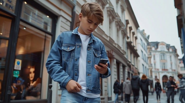 A person walking through a city at night, absorbed in their smartphone screen.