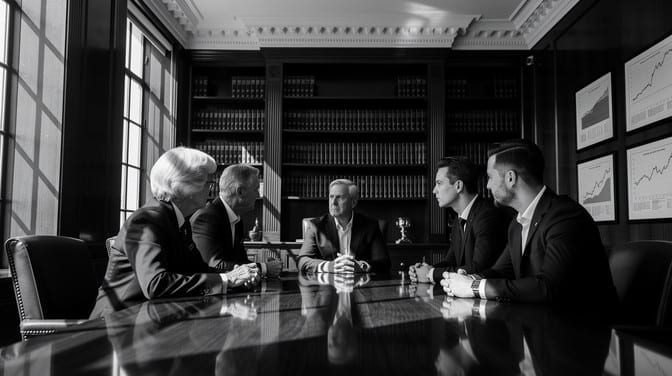 A multigenerational family gathered around a conference table for a planning discussion.