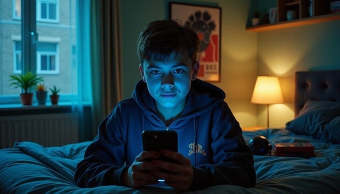 A teenager's face lit by the blue glow of a smartphone screen in a dim bedroom.