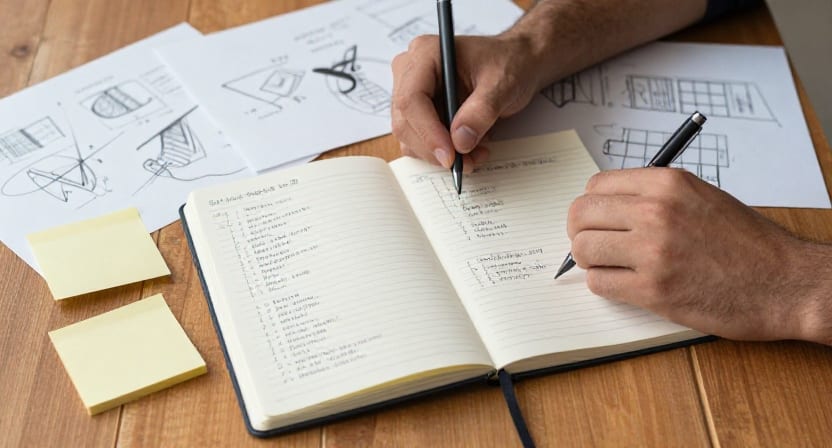 Hands crossing out items in a notebook of product plans surrounded by sketches and sticky notes.