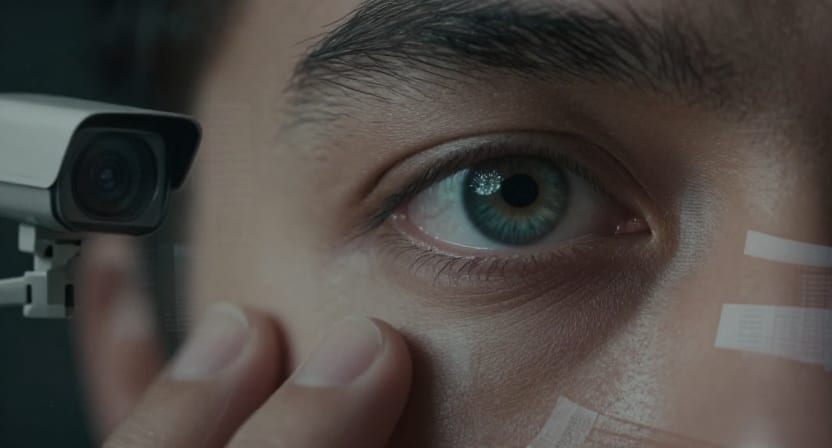 A double-exposure image blending a close-up human eye with a surveillance camera.
