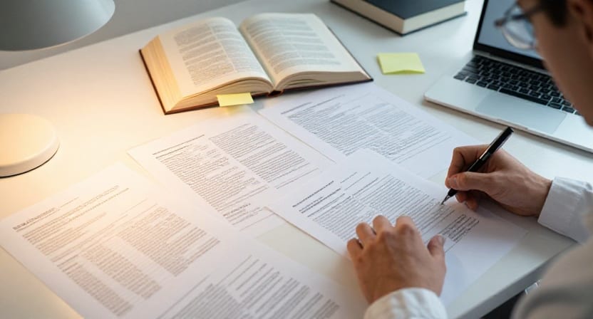 A researcher annotates printed papers at a desk with open reference books, sticky notes, and a laptop.