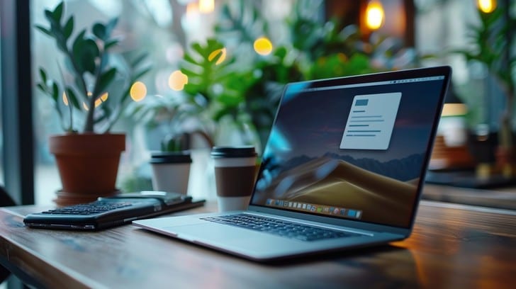 A cozy, well-lit home workspace with a laptop, phone, and coffee on a wooden table.